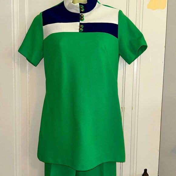 Vtg 60s/70s Young Street Brand Green,‎ Navy Blue & White Double Knit Pant Suit - Picture 3 of 10